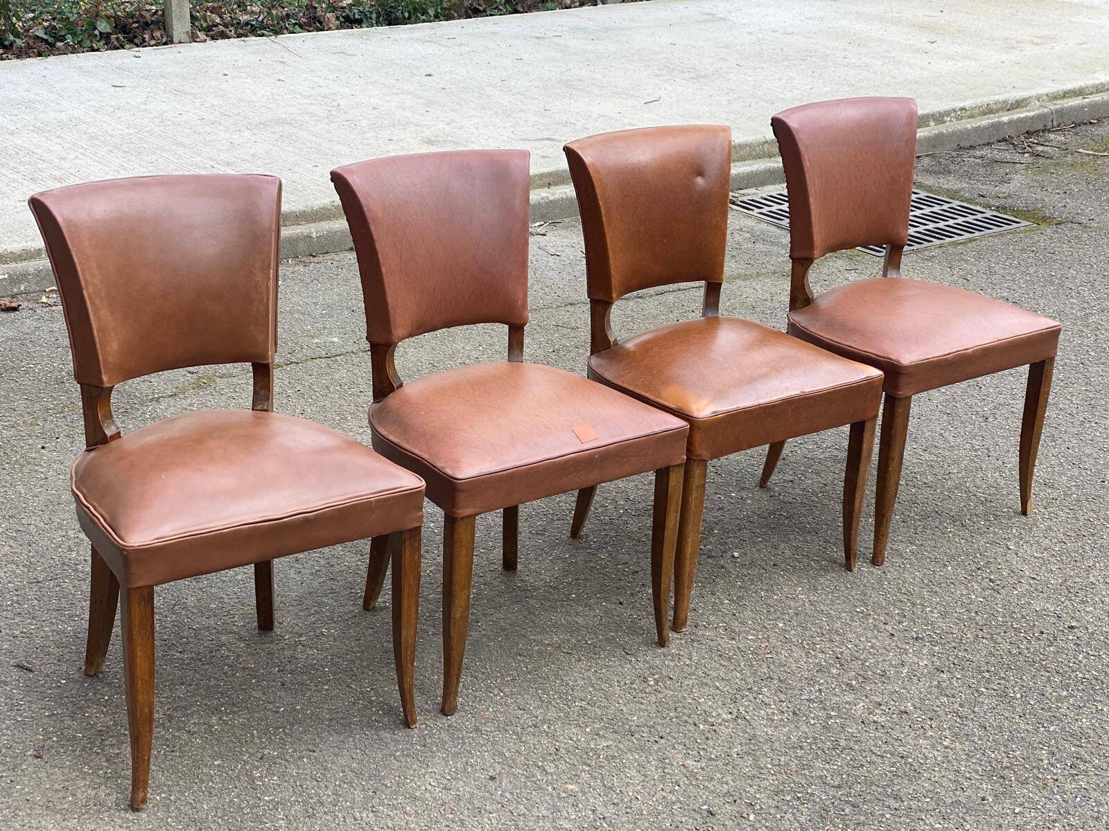 4 art deco chairs in solid wood and brown leather, 1930