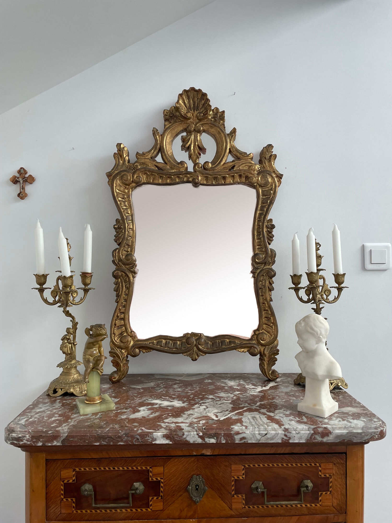 Antique mirror in stuccoed and gilded wood - rocaille style - France 50x86cm