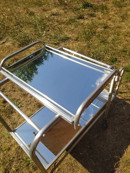 Modernist aluminum trolley with mirrored tops