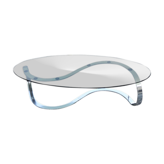 Table basse ovale des années 70 piètement en acier chromé en S plateau en verre fumé