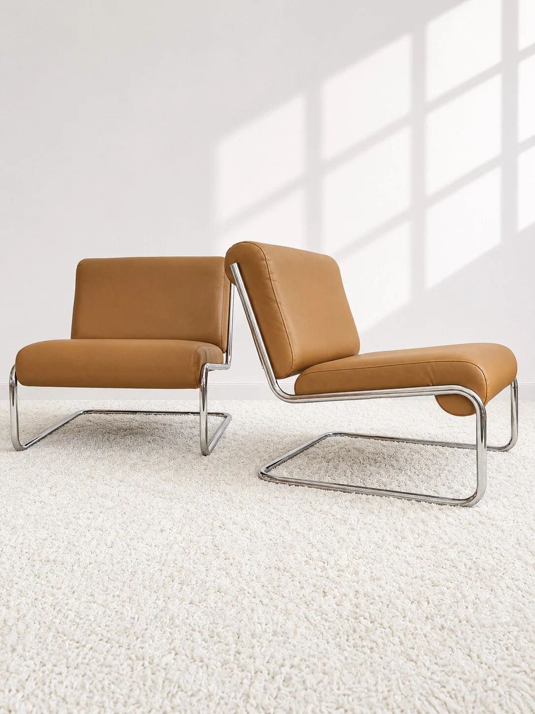 Vintage cantilever armchair. Brown faux leather upholstery. 60s