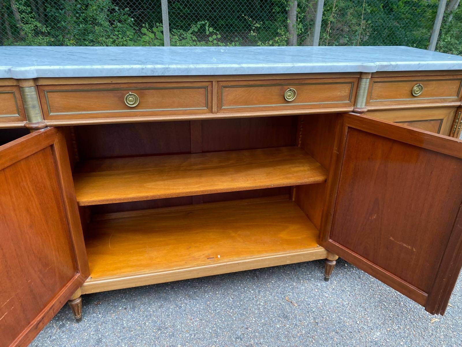 Louis XVI sideboard in solid mahogany with a white marble top, 222cm, 1950.
