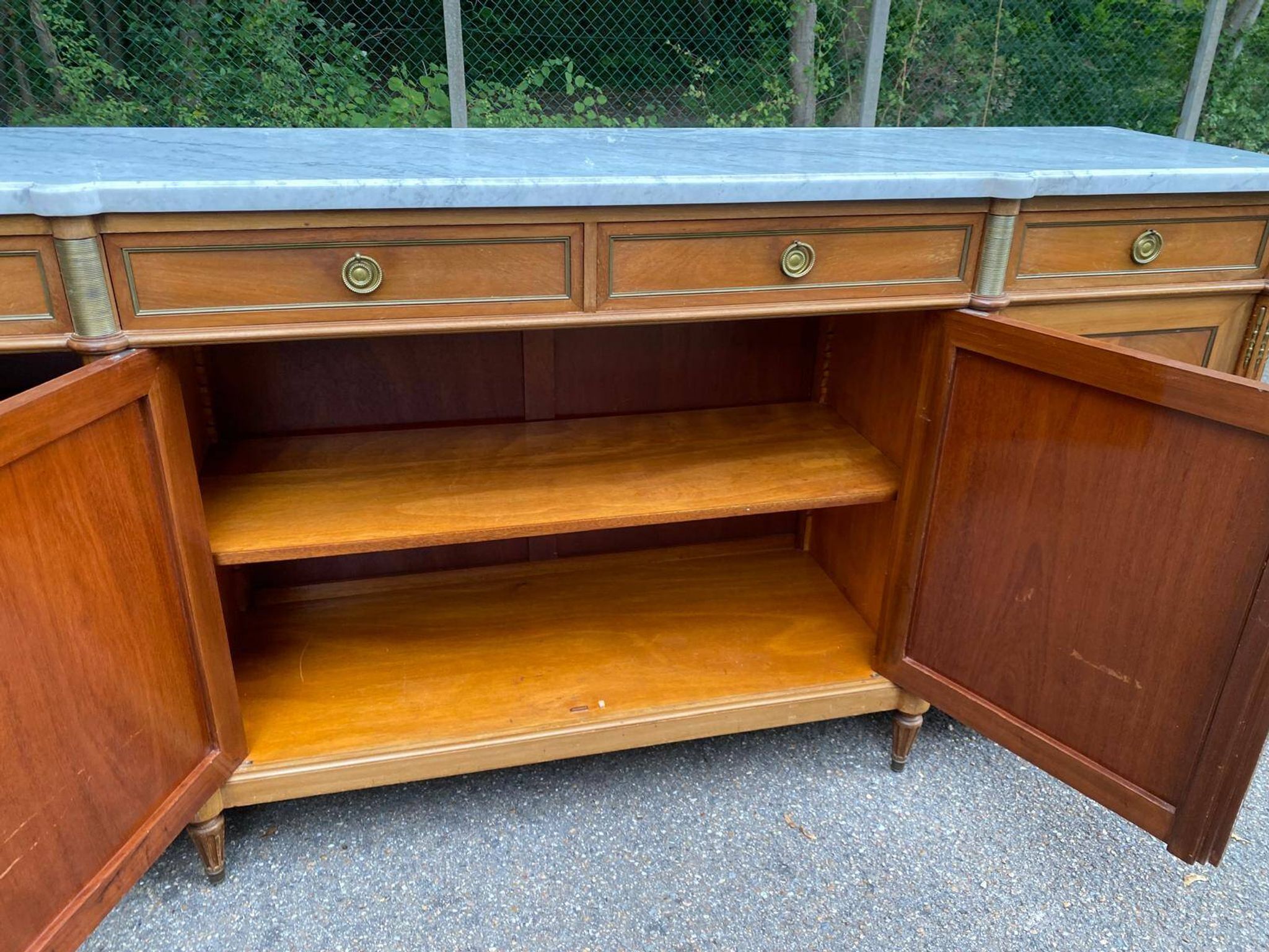 Louis XVI sideboard in solid mahogany with a white marble top, 222cm, 1950.