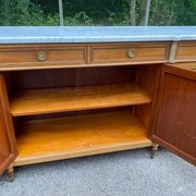 Louis XVI sideboard in solid mahogany with a white marble top, 222cm, 1950.