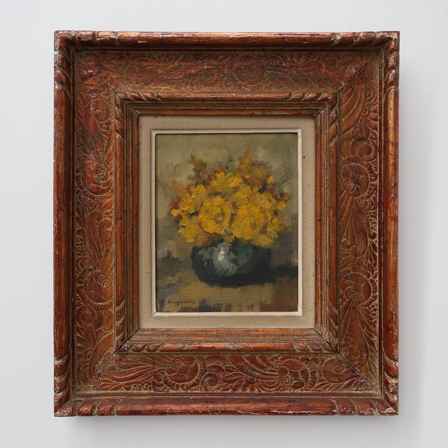 Still life with yellow flowers in a vase, ca. 1930-1950