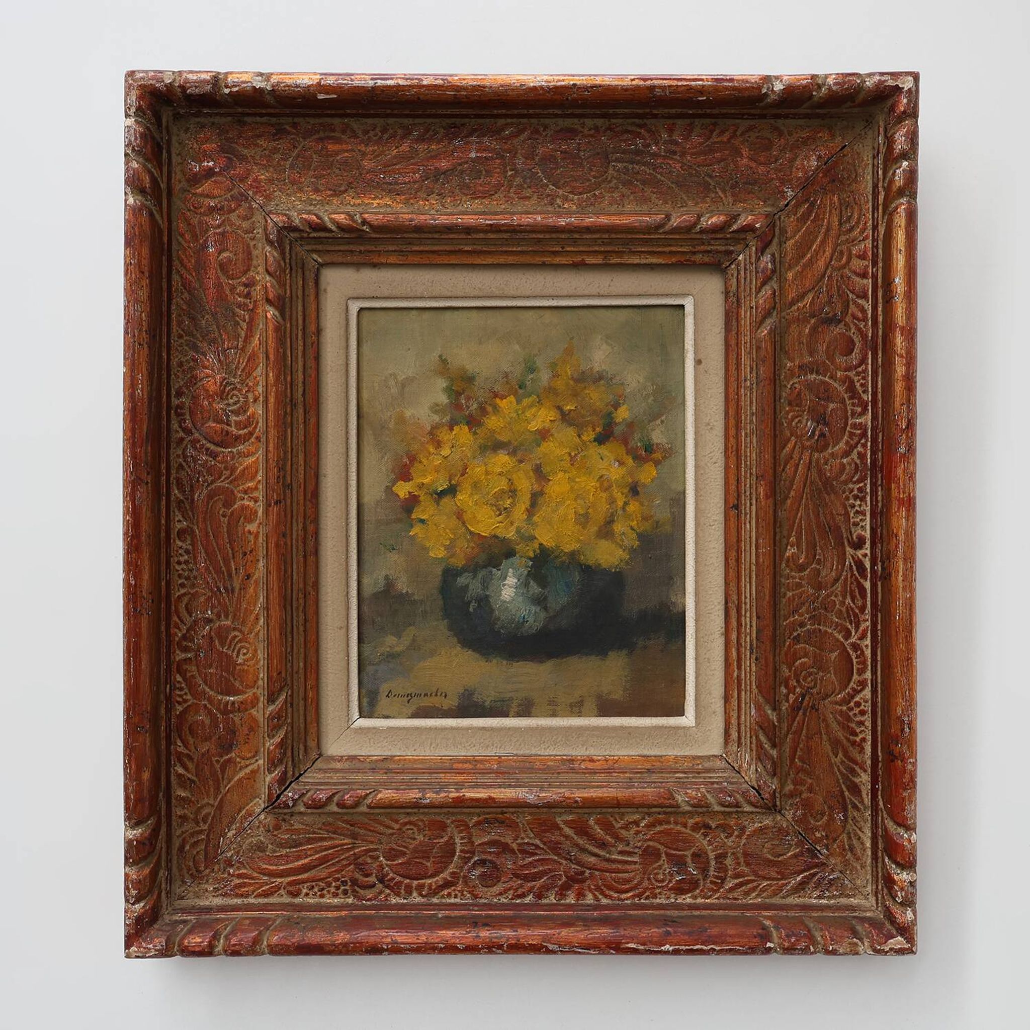 Still life with yellow flowers in a vase, ca. 1930-1950