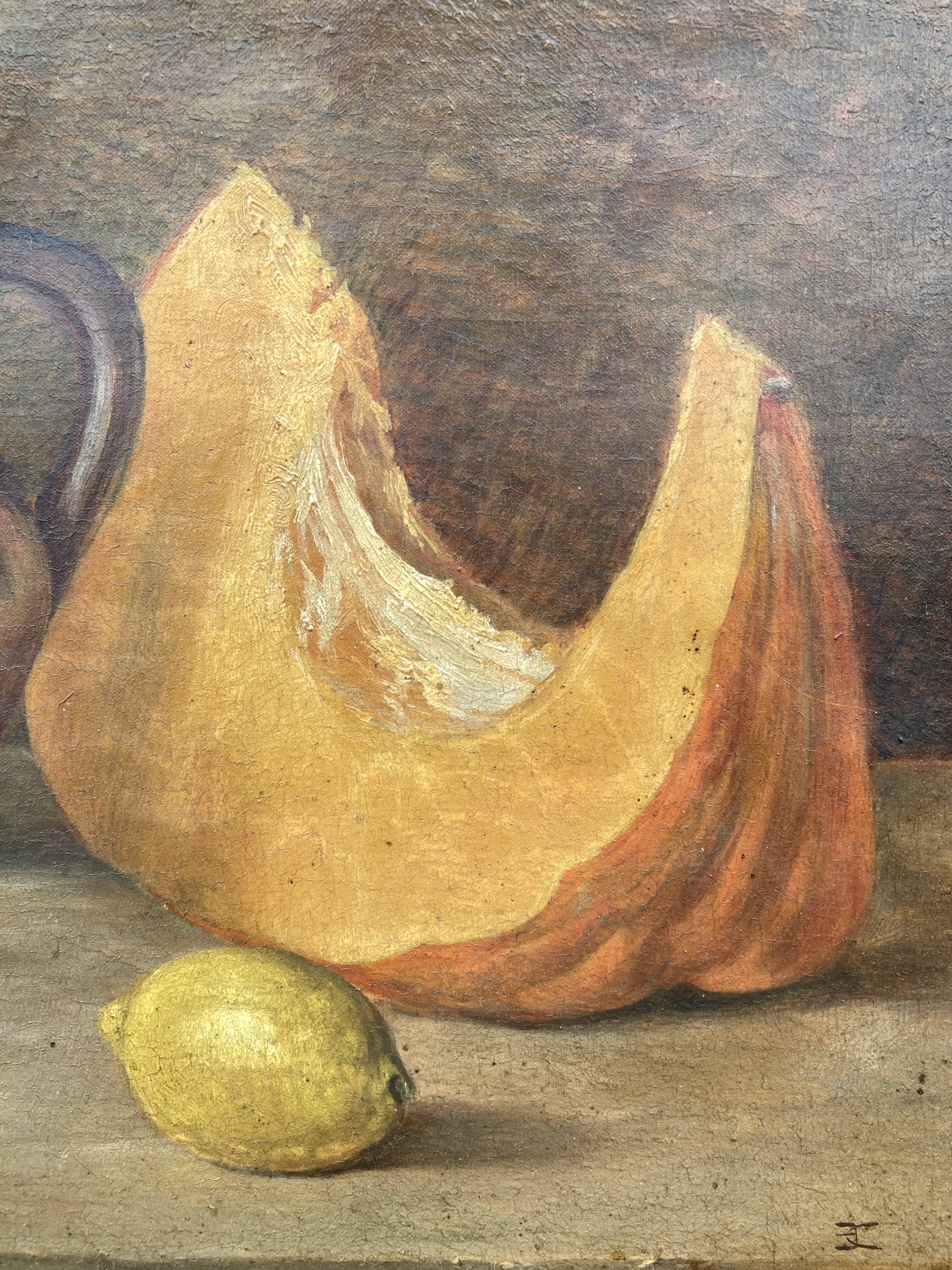 French School, Still Life with Gourd and Jug, Oil on Canvas Frame