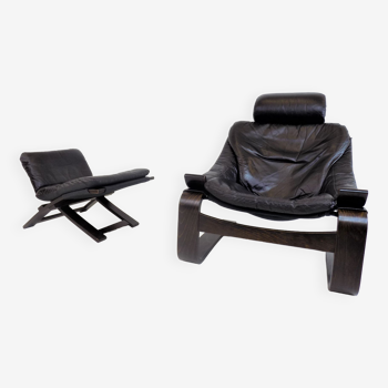 Fauteuil en cuir Nelo Kroken avec pouf par Ake Fribytter