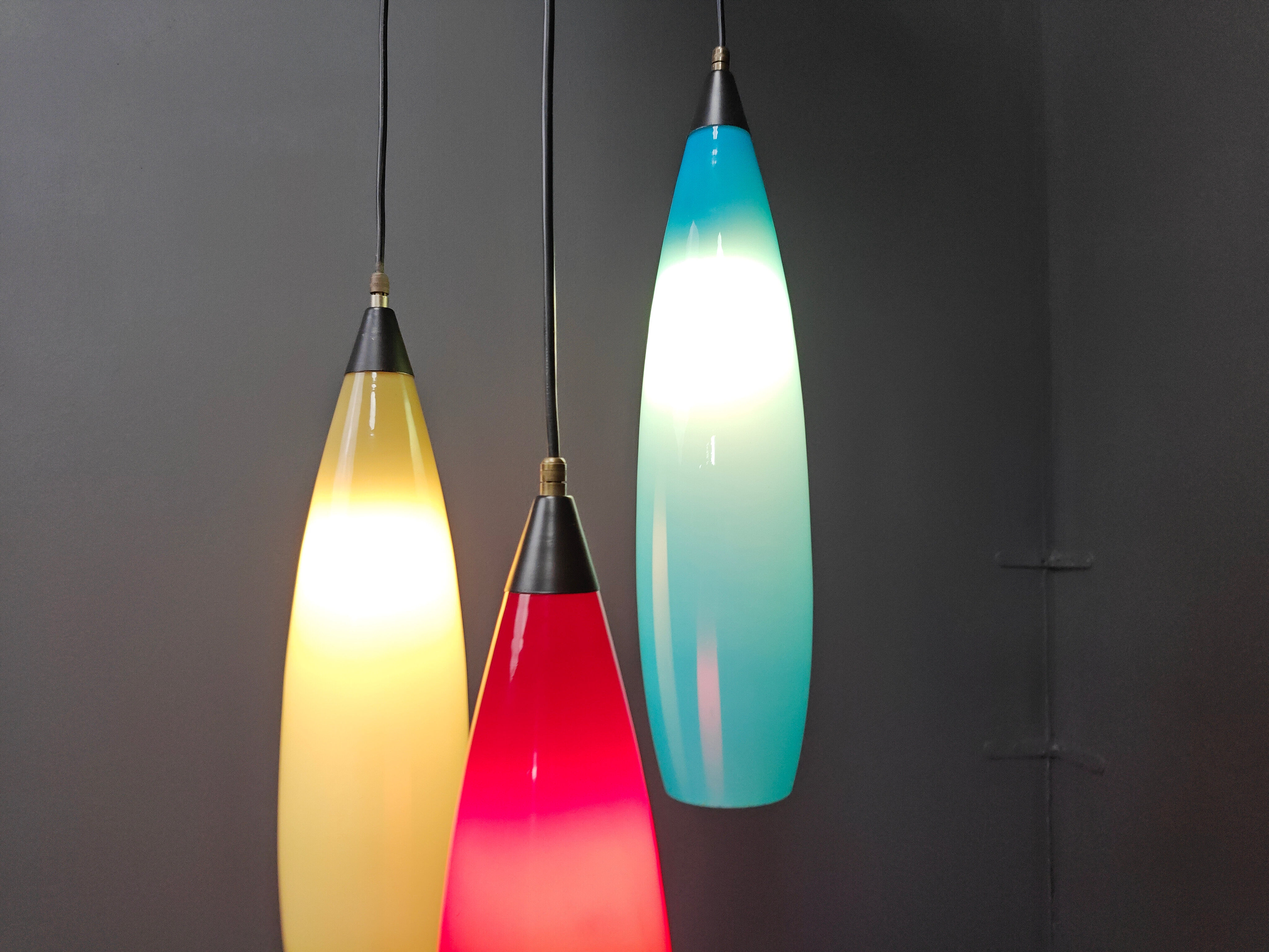 Vintage 3 glass pendant lights by Vistosi, 1970s