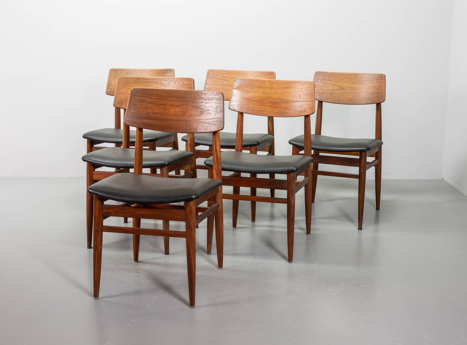 Danish Solid Teak Wooden Dining Chairs with Black Leatherette Seating 1960s