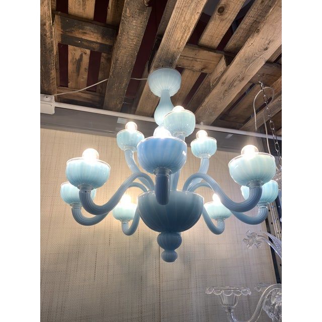 Contemporary matte light-blue murano style glass chandelier