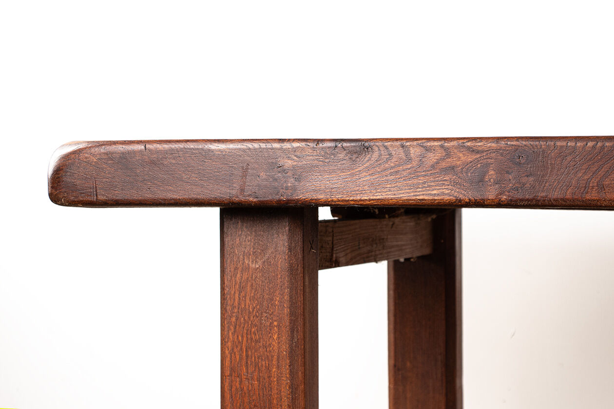Large brutalist dining table in solid Elm, inspired by Olavi Hanninen, 1960.