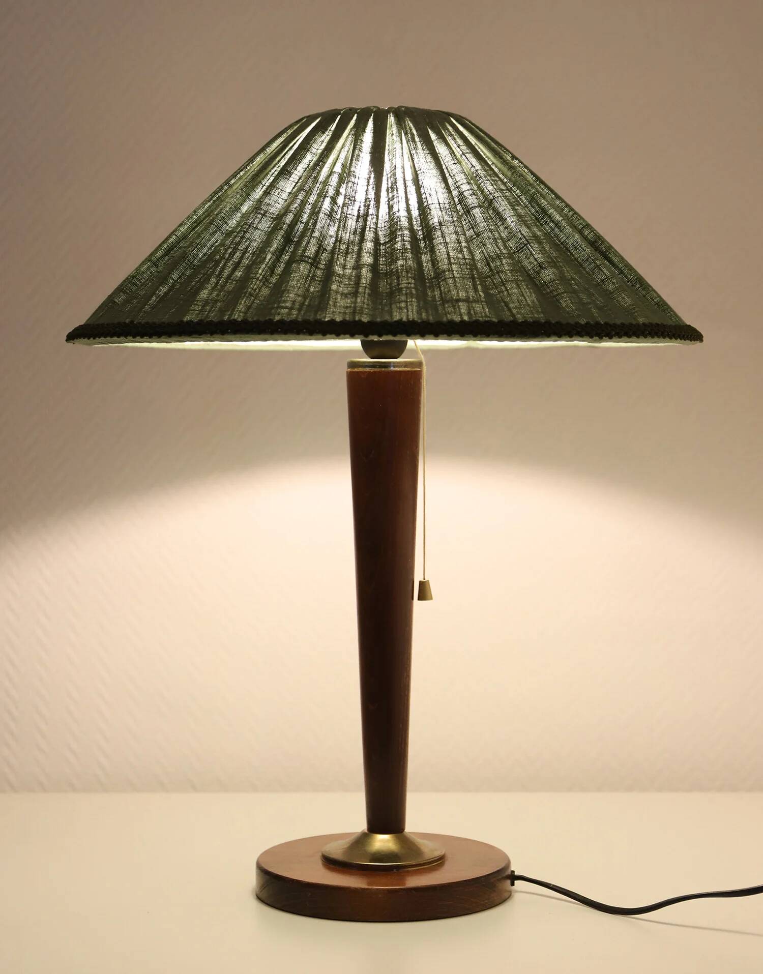 Recycled vintage lamp — spindle wooden base, pleated green linen shade