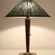 Recycled vintage lamp — spindle wooden base, pleated green linen shade