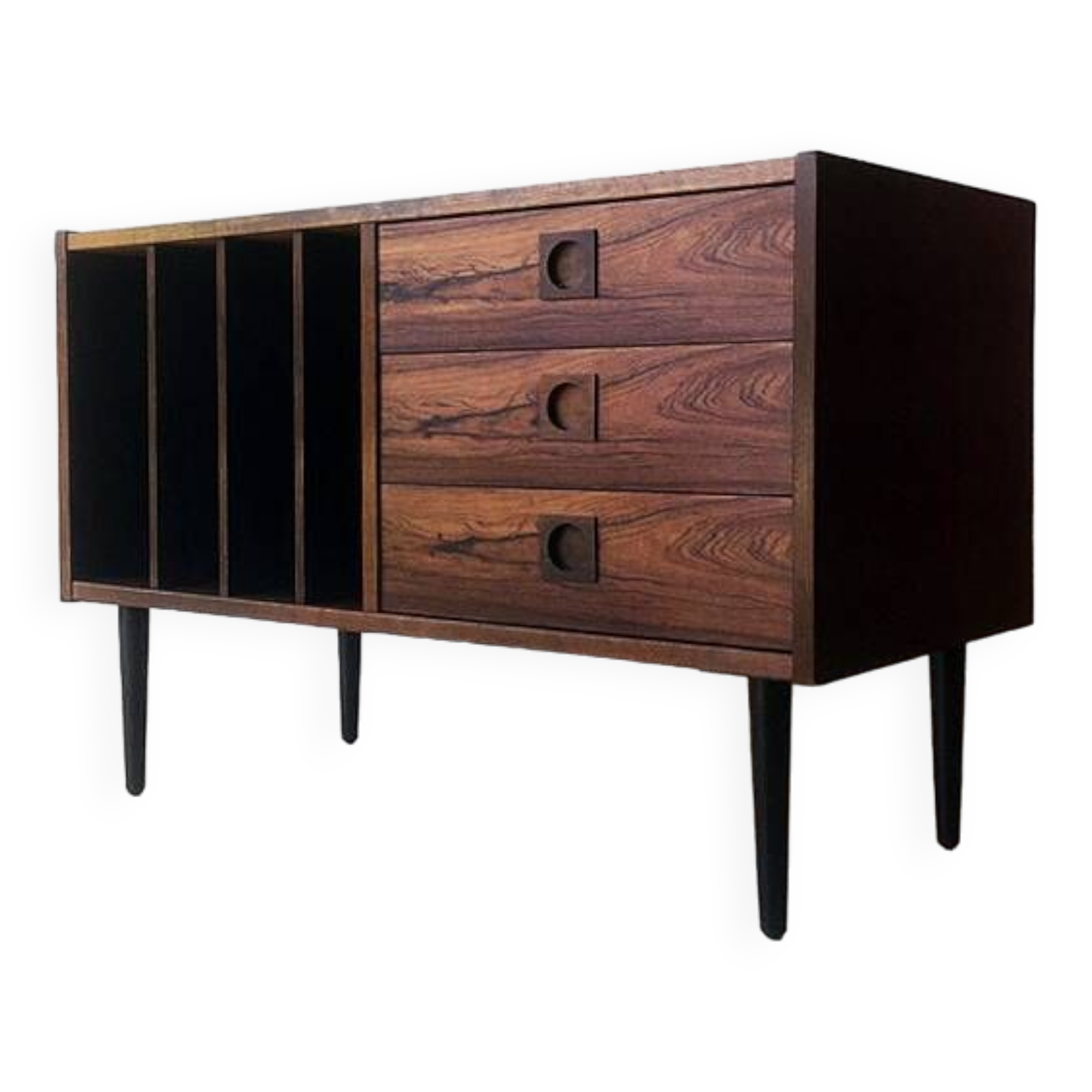 Wooden sideboard with 3 drawers and vinyl storage, Denmark 1970