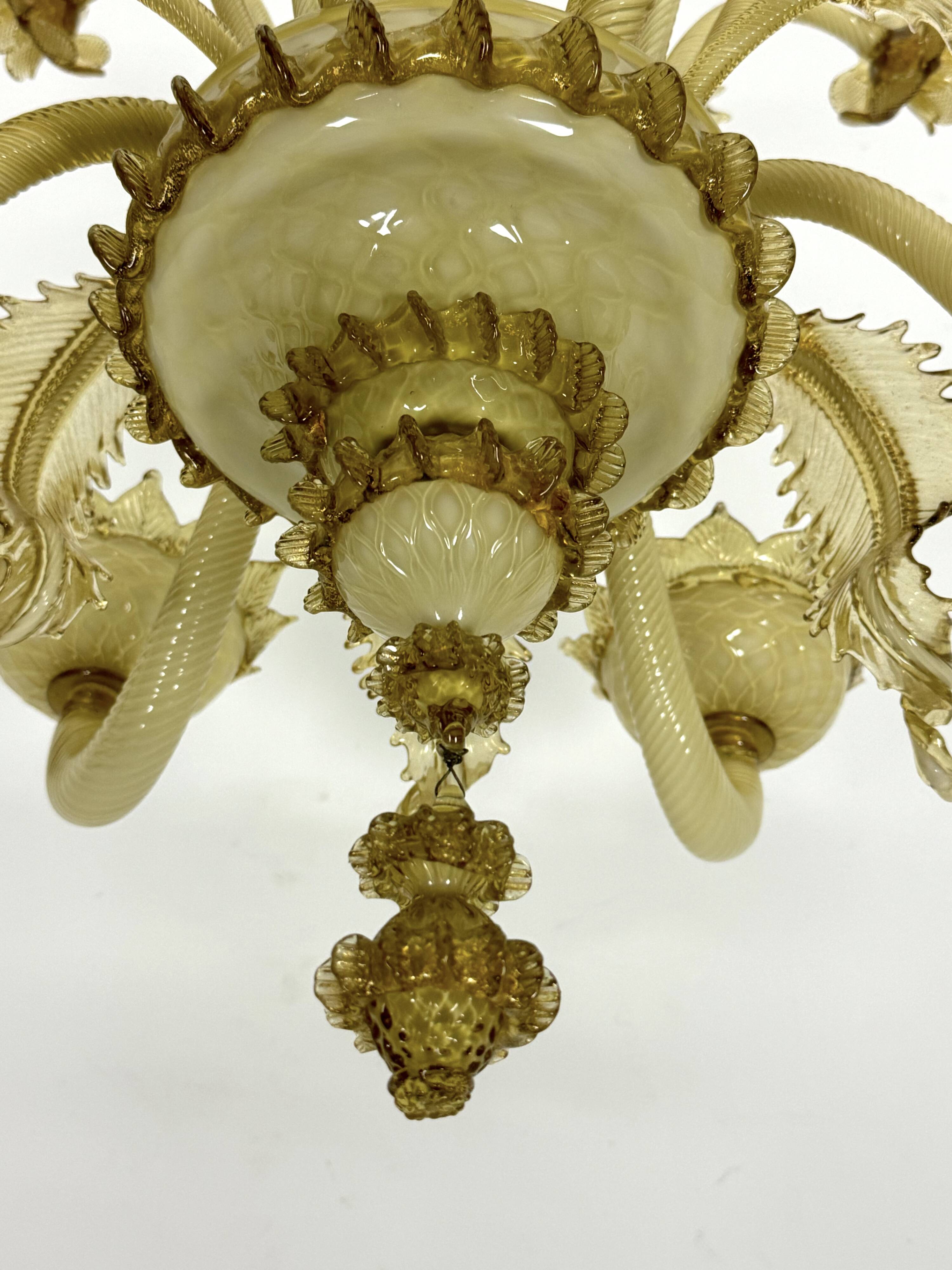 Vintage 6 arms handcrafted floral Murano glass chandelier with gold. Italy 1950s