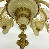 Vintage 6 arms handcrafted floral Murano glass chandelier with gold. Italy 1950s