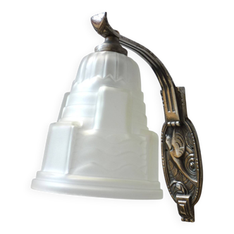 Art Deco wall light, silver-plated bronze, frosted glass, stylized bird decor