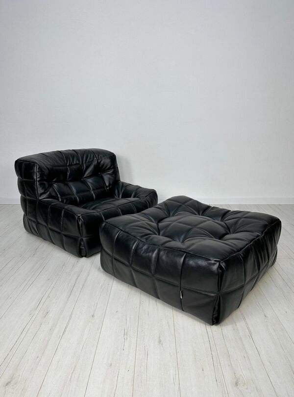 Fauteuil en cuir vintage des années 80 Kashima 1 place + ottoman par Michel Ducaroy pour Ligne Roset