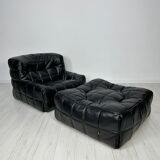 ‘80s vintage leather Kashima 1-seater + ottoman by Michel Ducaroy for Ligne Roset