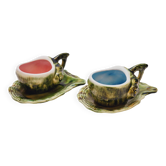 2 cups + 2 saucers in majolica slip ceramic zoomorphic snail shape
