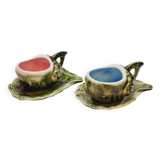 2 tasses + 2 soucoupes en céramique barbotine majolique forme zoomorphe escargot