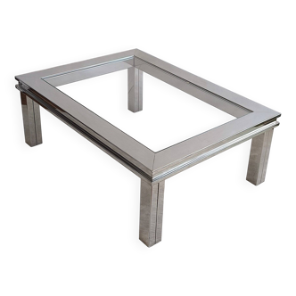 Magnificent large 1970s design coffee table in chromed metal and brand new glass