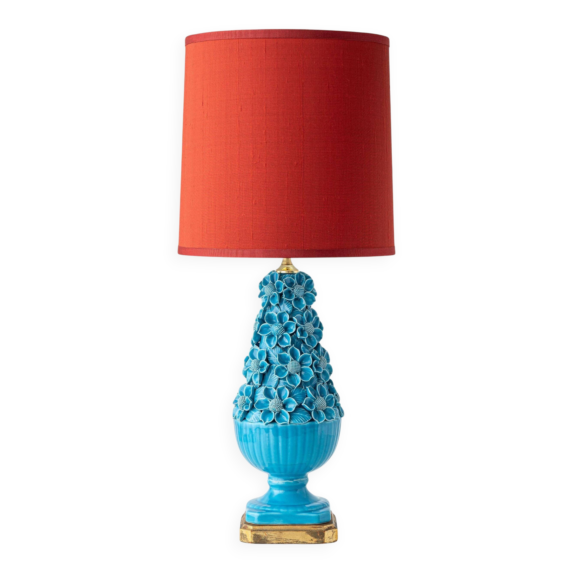 Turquoise glazed ceramic floral table lamp from Manises mid-century, with a new silk shade.