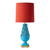 Turquoise glazed ceramic floral table lamp from Manises mid-century, with a new silk shade.