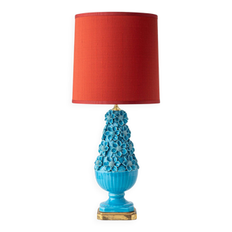Turquoise glazed ceramic floral table lamp from Manises mid-century, with a new silk shade.