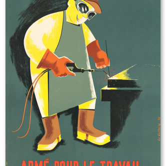 Reproduction affiche de sécurité année 1950 "Armé pour le travail" verte