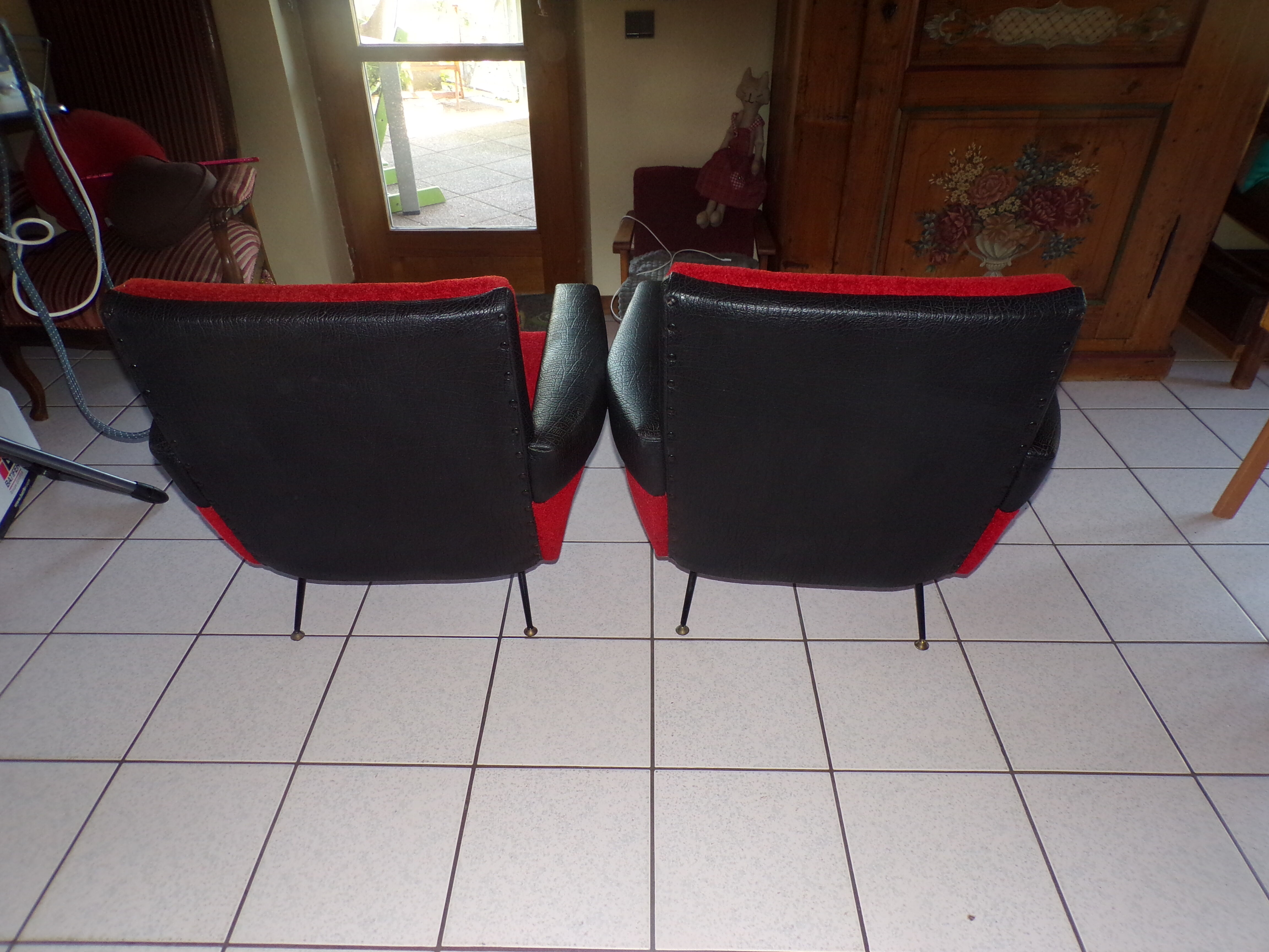Armchairs skai black and red fabric vintage 70