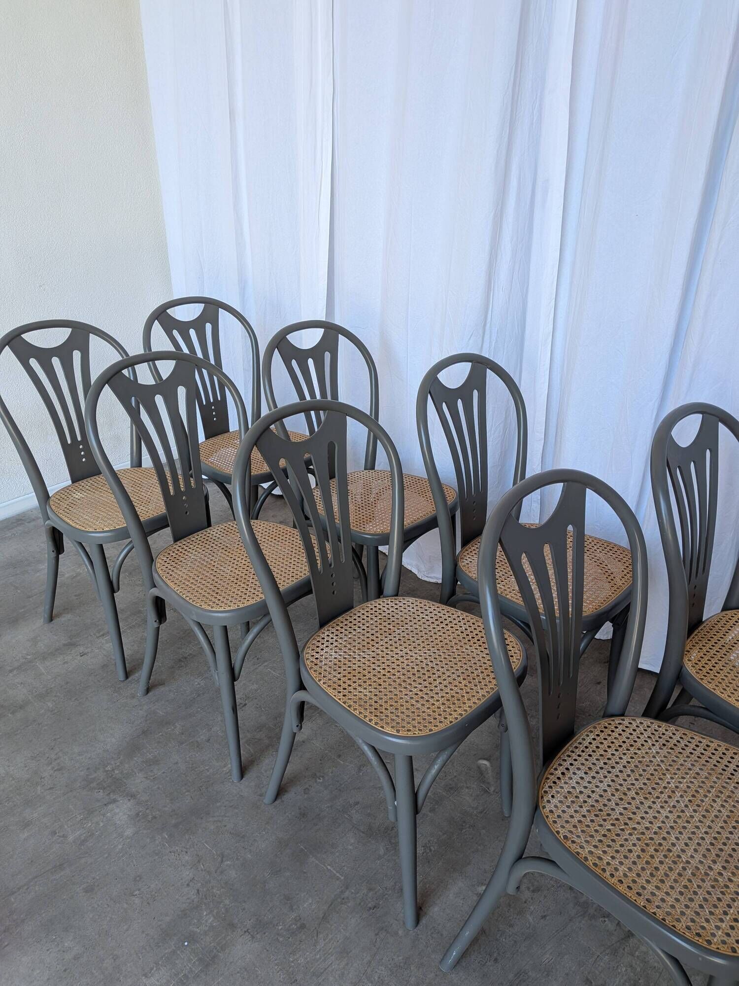 Set of 8 Vintage Gray Bentwood Dining Chair: Thonet Style Cane Seat