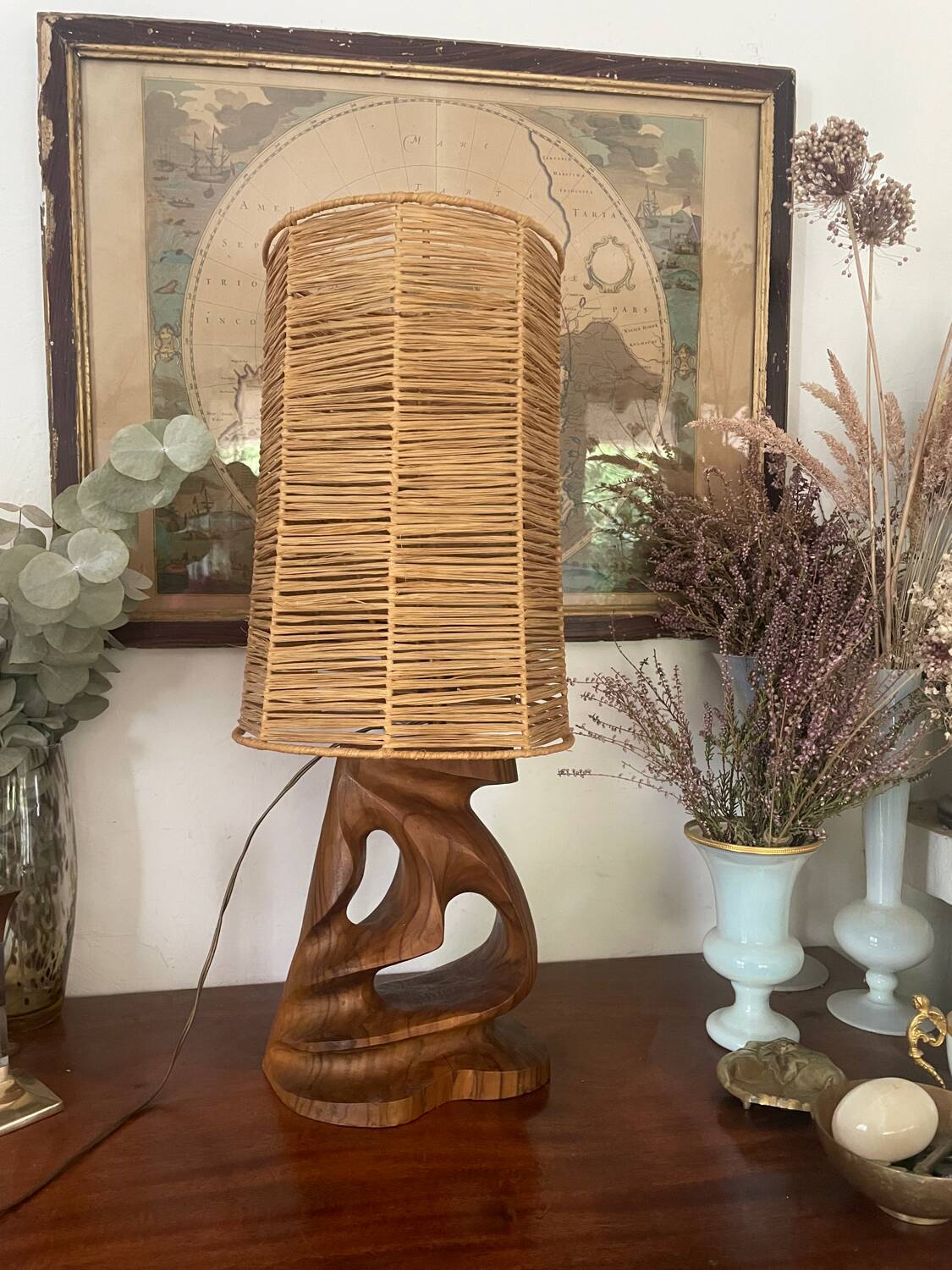 Vintage olive wood carved lamp 59cm