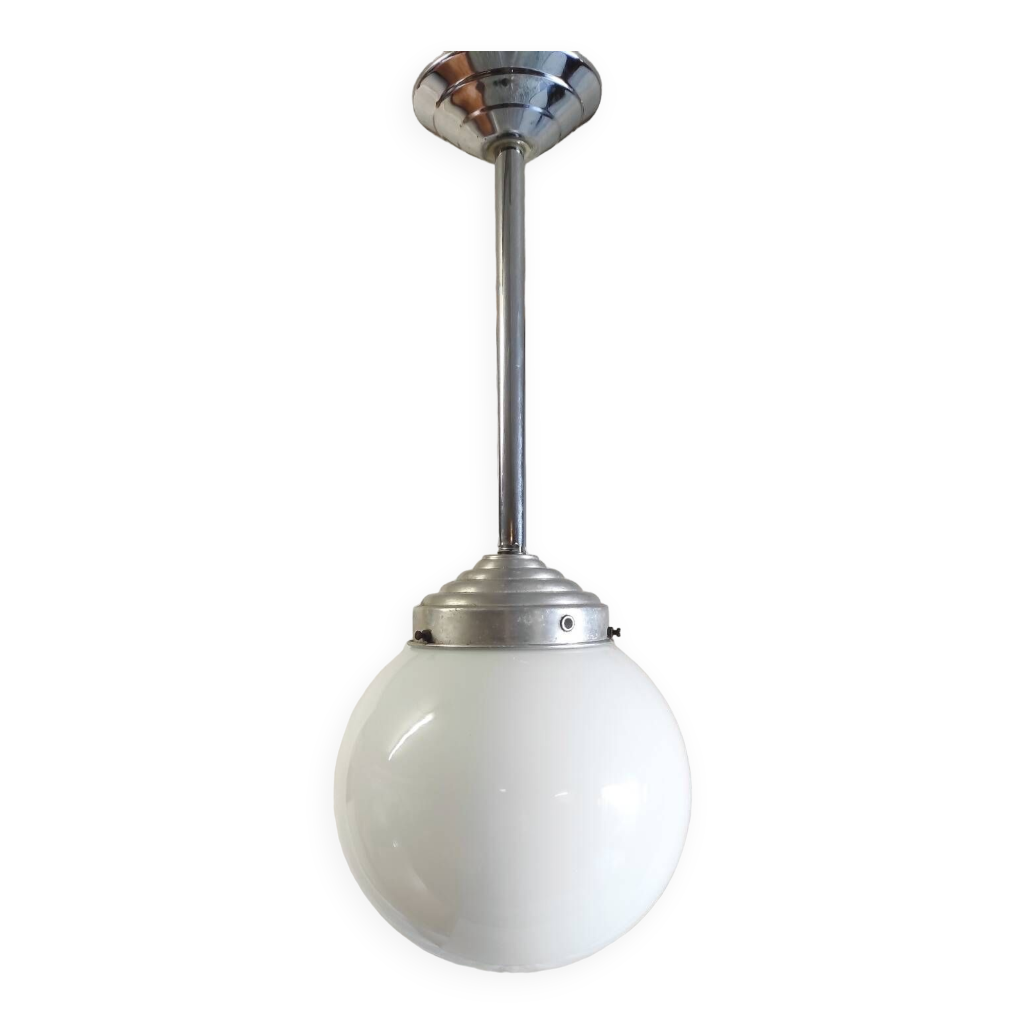 Opaline globe industrial pendant light - mid. 20th century