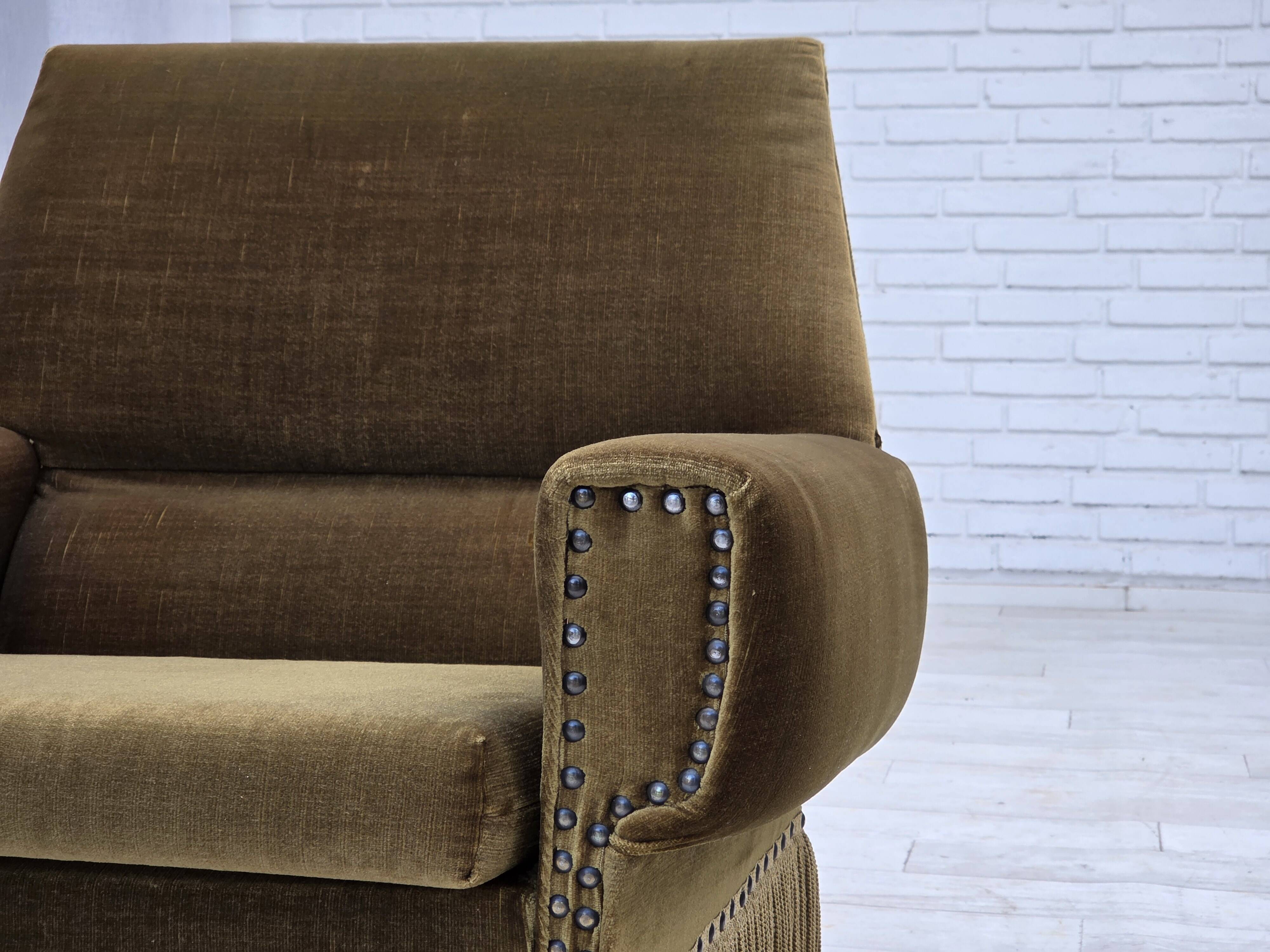 1970s, Danish armchair, green furniture velour, ash wood legs.