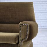 1970s, Danish armchair, green furniture velour, ash wood legs.