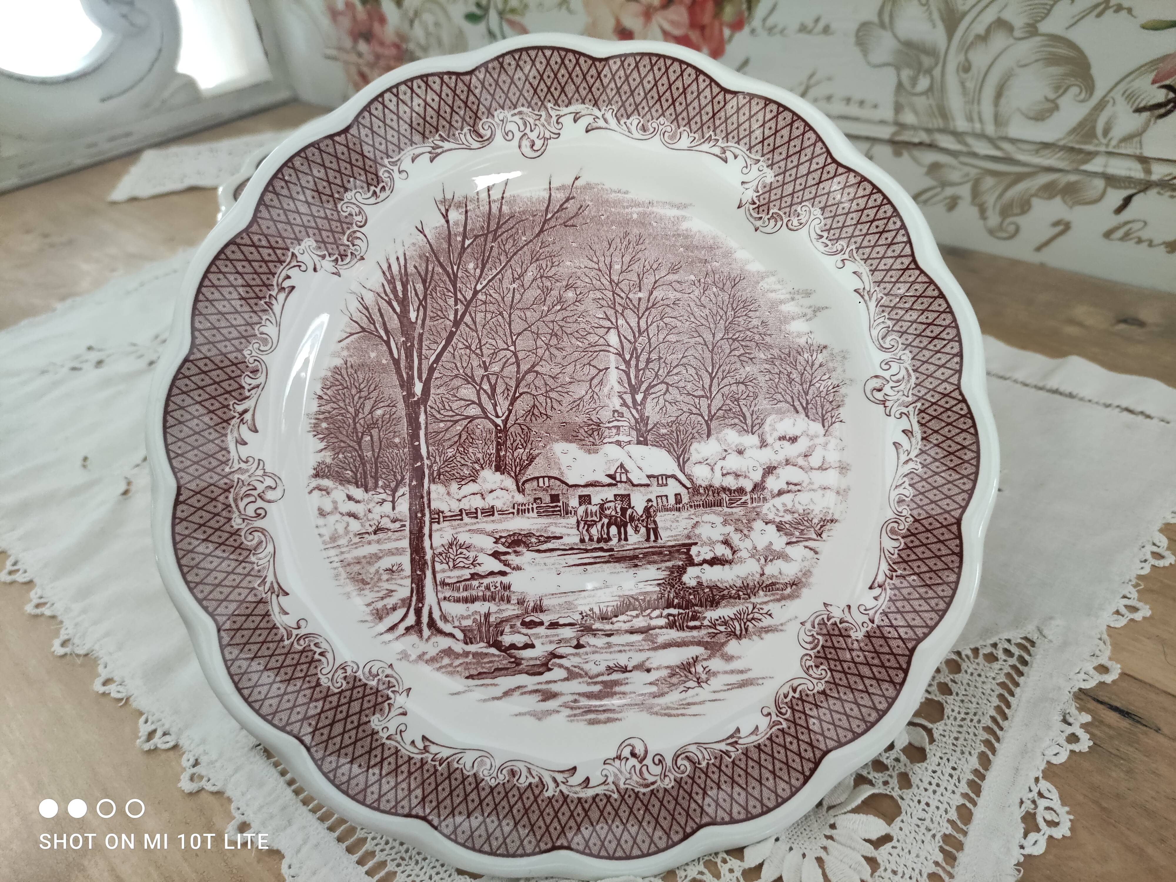 Set of 12 Swiss Landscape HE dinner plates with brown winter decor