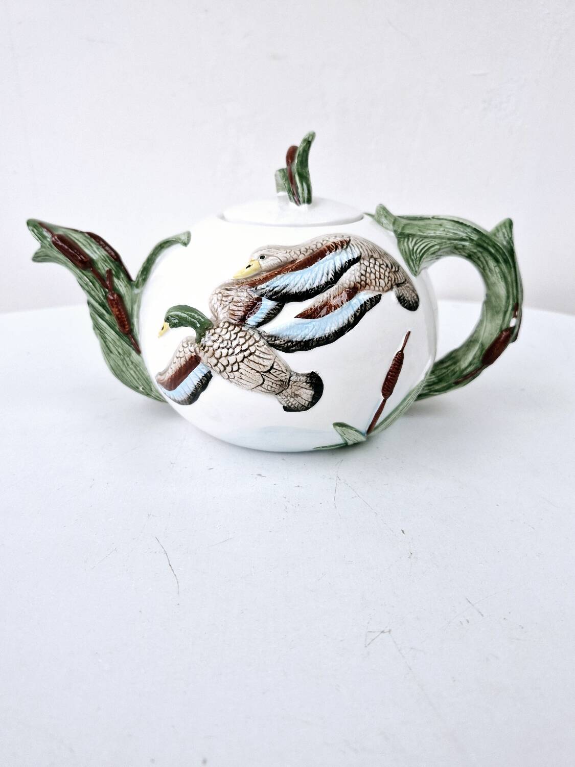 Vintage ceramic tea set barbotine duck reeds hand painted