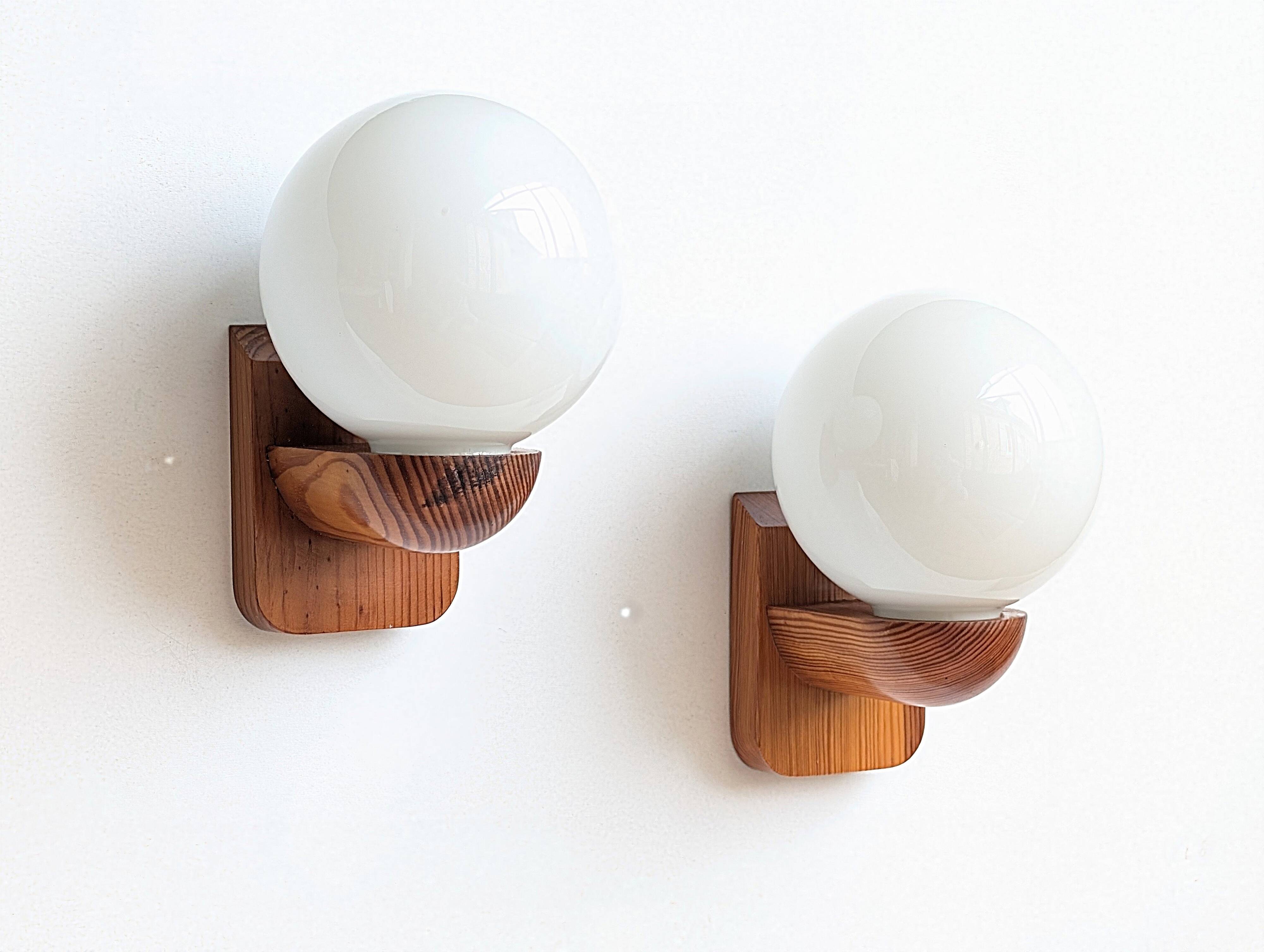 Pair of solid pine and opaline wall lights