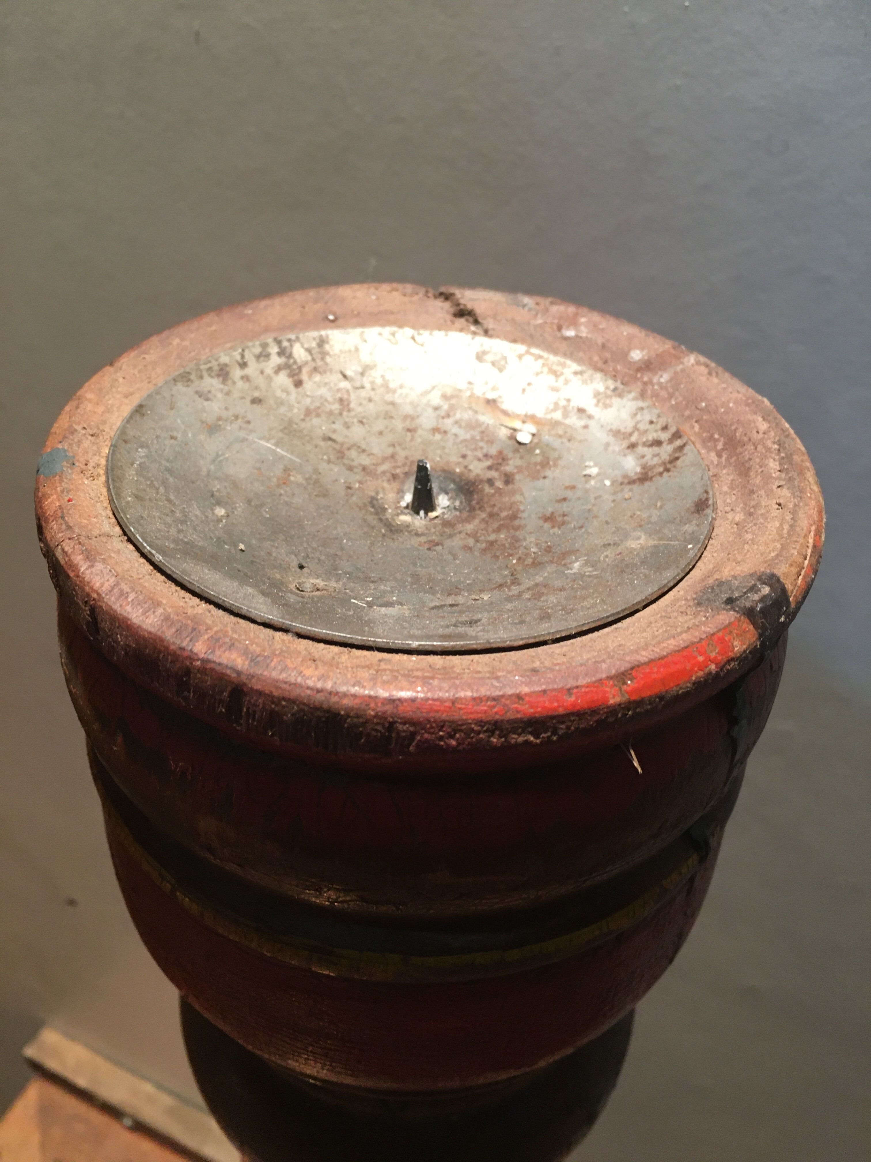 Indian candle holder in painted and patinated teak