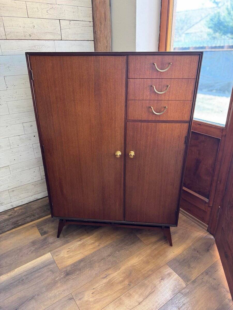Mid-Century teak wardrobe in brown by Meredew, vertical storage 1960s