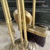 Brass fireplace accessory set with vintage stand