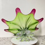 Sunburst shaped Murano centerpiece in lime green & fushsia  - Sommerso