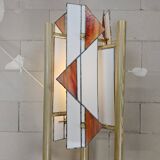 Pine wood floor lamp with handmade stained glass in Japandi style.