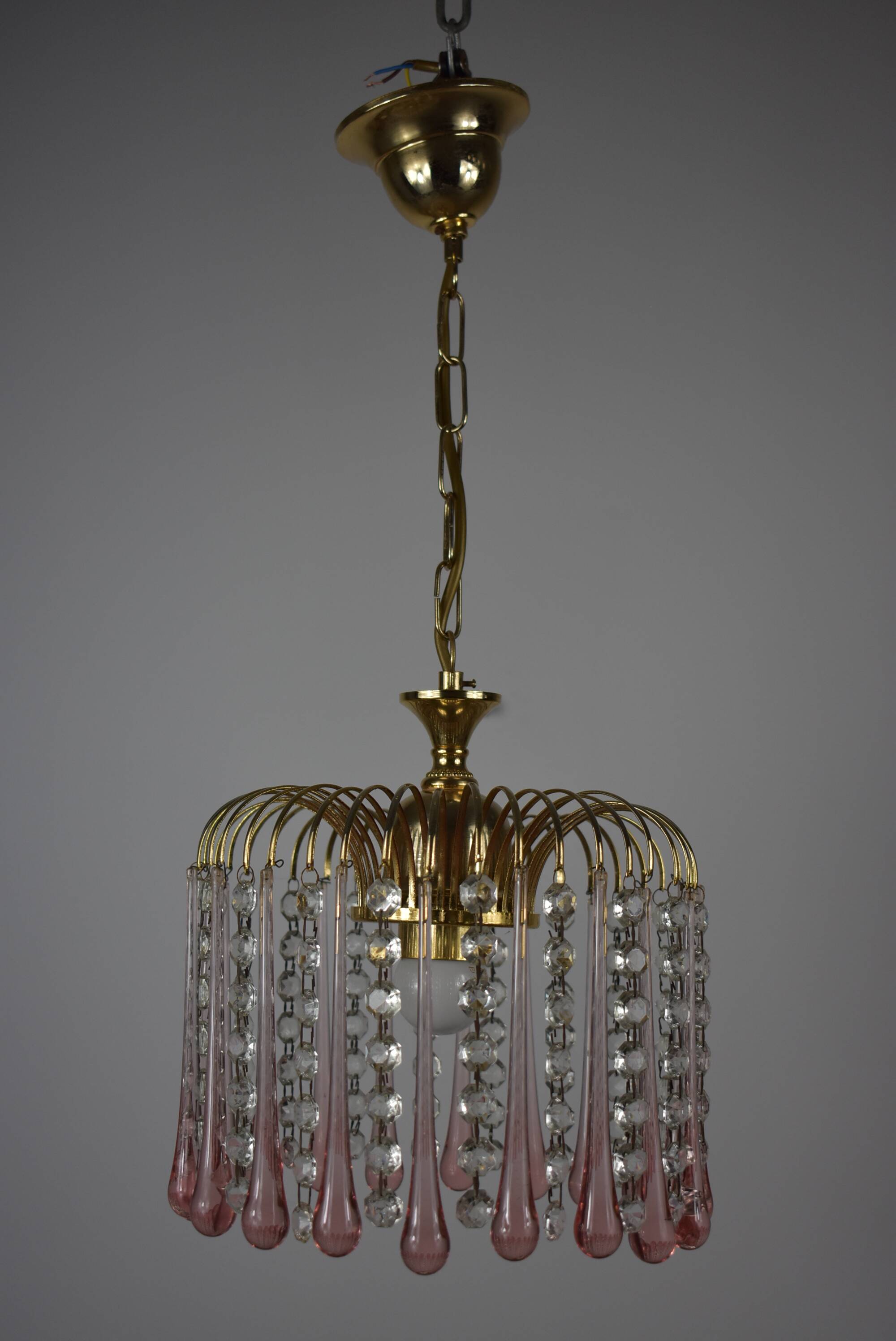 chandelier glass stamps, pink glass drops.