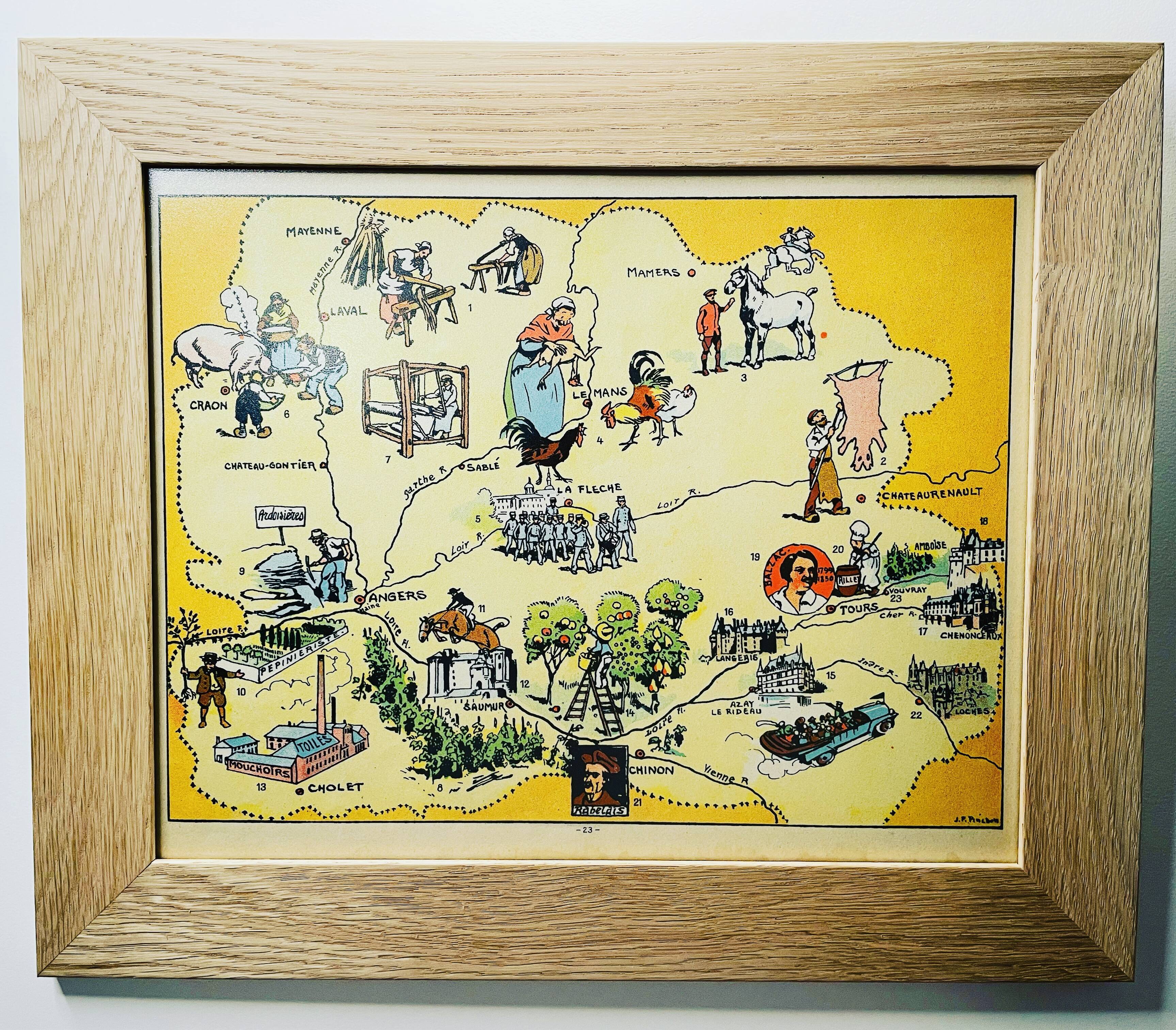 Affiche ancienne carte illustrée régions Mayenne Sarthe Maine & Loire Indre & Loire - JP Pinchon