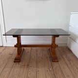 Pine coffee table with smoked glass top.