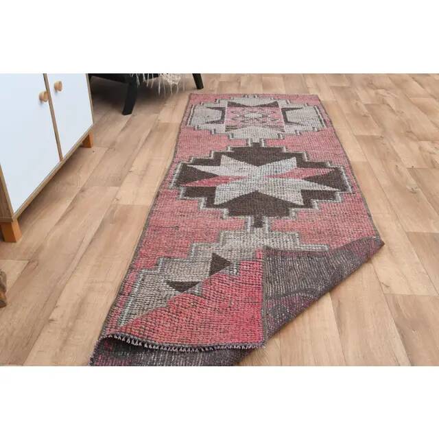 1970s Vintage Turkish Oushak Handmade Wool Cotton Pink Runner Rug 89x279