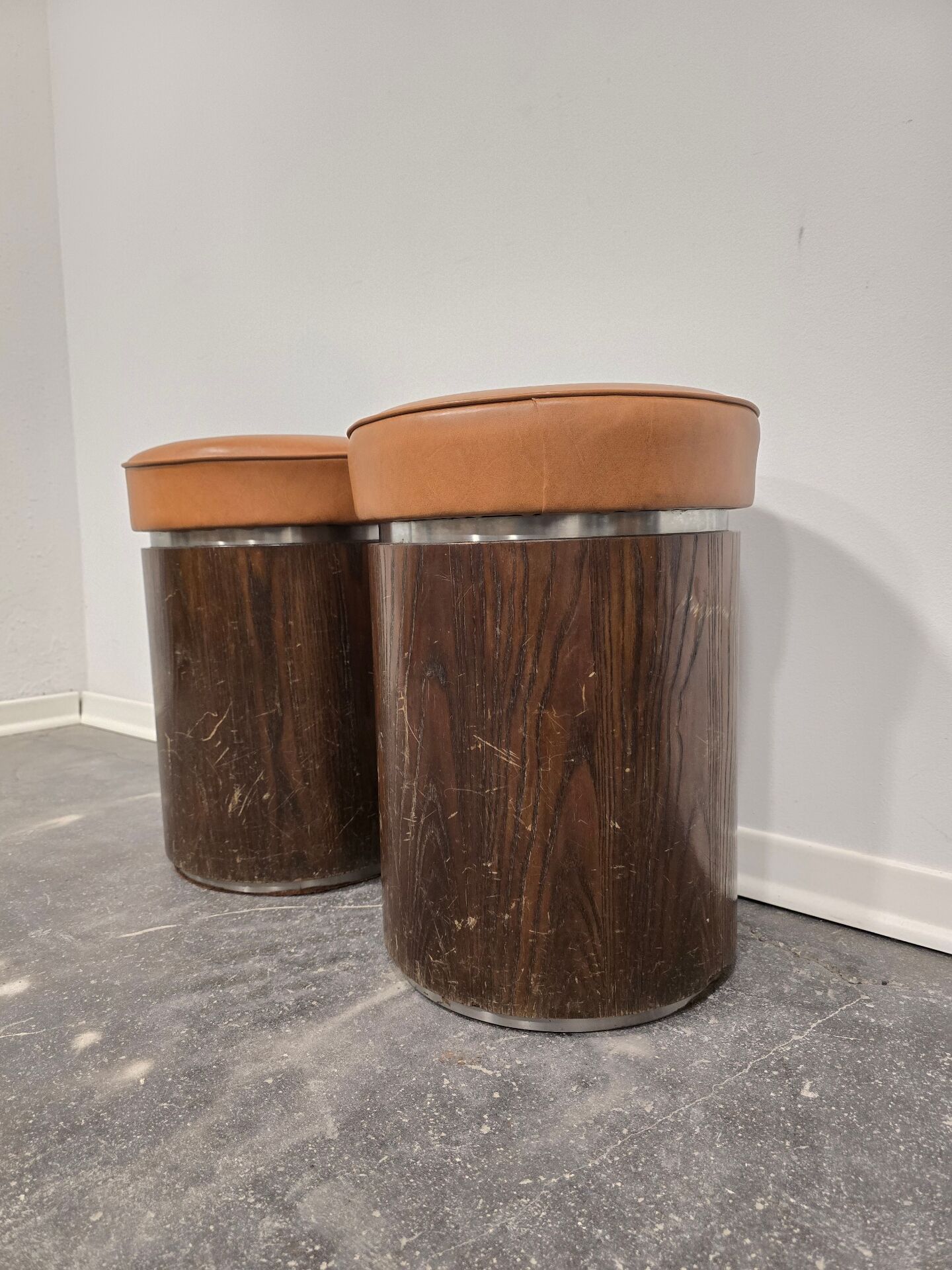1970s Vintage Wooden Stool – Faux Leather Cushion & Aluminium Trim